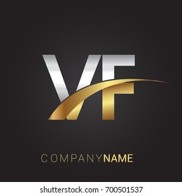 initial letter VF logotype company name colored gold and silver swoosh design. isolated on black background.