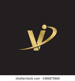 Initial letter vi with swoosh uppercase modern logo design template elements. Gold letter Isolated on black  background. Suitable for business, consulting group company.