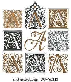 Initial letter A with vintage baroque ornamentation. Vector illustrations of uppercase letter A with decorations. Beautiful filigree capital letter to use for monogram, logo, emblem, card, invitation