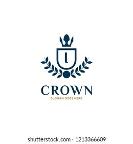 Initial Letter I Vintage Logo Design with Crown, Shield adn Wheat Illustration