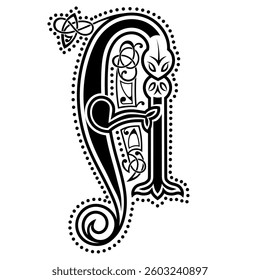 Initial letter A with vintage vintage, retro style. Vector uppercase letter A with decorations in the Old Norse Celtic style. Beautiful letter, isolated on white, vector illustration