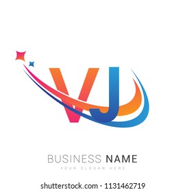 initial letter VJ logotype company name colored orange, red and blue swoosh star design. vector logo for business and company identity.
