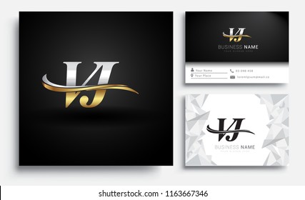initial letter VJ logotype company name colored gold and silver swoosh design. Vector sets for business identity on white background.