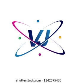 initial letter VJ logotype science icon colored blue, red, green and yellow swoosh design. vector logo for business and company identity.
