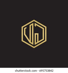 Initial letter VJ, minimalist line art hexagon logo, gold color on black background