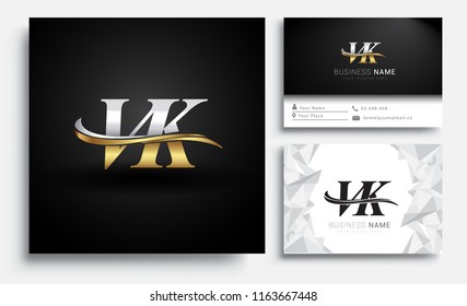 initial letter VK logotype company name colored gold and silver swoosh design. Vector sets for business identity on white background.