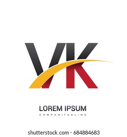 initial letter VK logotype company name colored red, black and yellow swoosh design. isolated on white background.
