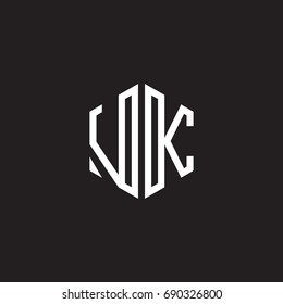 Initial letter VK, minimalist line art monogram hexagon shape logo, white color on black background
