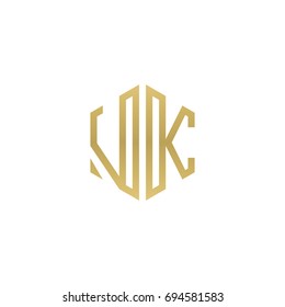 Initial letter VK, minimalist line art hexagon shape logo, gold color