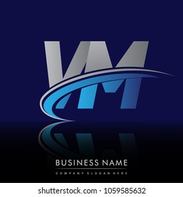 initial letter VM logotype company name colored blue and grey swoosh design. vector logo for business and company identity.