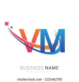 initial letter VM logotype company name colored orange, red and blue swoosh star design. vector logo for business and company identity.
