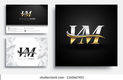 initial letter VM logotype company name colored gold and silver swoosh design. Vector sets for business identity on white background.