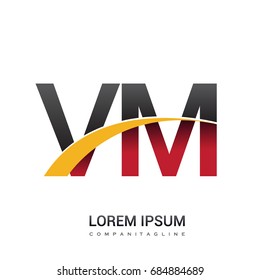 initial letter VM logotype company name colored red, black and yellow swoosh design. isolated on white background.
