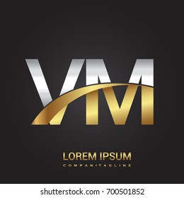 initial letter VM logotype company name colored gold and silver swoosh design. isolated on black background.