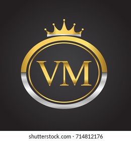 initial letter VM logotype company name with oval shape and crown, gold and silver color. vector logo for business and company identity.