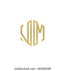 Initial letter VM, minimalist line art hexagon shape logo, gold color
