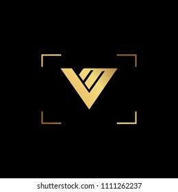 Initial letter VM MV minimalist art monogram shape logo, gold color on black background