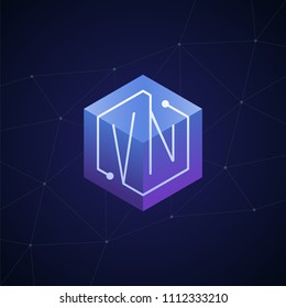 Initial letter VN, block chain, looping mono line circuit letter on hexagon cube logo, blue magenta gradient color on black blue network background