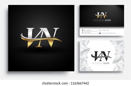 initial letter VN logotype company name colored gold and silver swoosh design. Vector sets for business identity on white background.