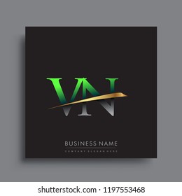 initial letter VN logotype company name colored green and gold swoosh design. vector logo for business and company