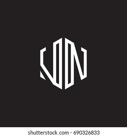 Initial letter VN, minimalist line art monogram hexagon shape logo, white color on black background