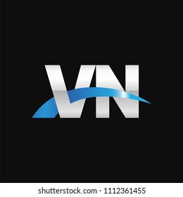 Initial letter VN, overlapping movement swoosh logo, metal silver blue color on black background