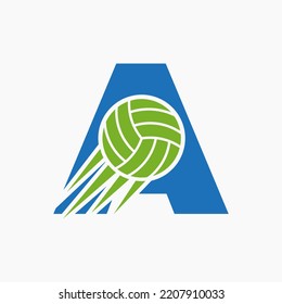 Initial Letter A Volleyball Logo Concept With Moving Volley Ball Icon. Volleyball Sports Logotype Symbol Vector Template