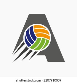 Initial Letter A Volleyball Logo Concept With Moving Volley Ball Icon. Volleyball Sports Logotype Symbol Vector Template