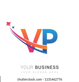 initial letter VP logotype company name colored orange, red and blue swoosh star design. vector logo for business and company identity.

