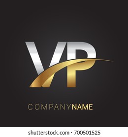 initial letter VP logotype company name colored gold and silver swoosh design. isolated on black background.
