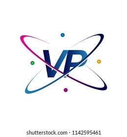 initial letter VP logotype science icon colored blue, red, green and yellow swoosh design. vector logo for business and company identity.
