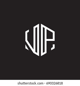 Initial letter VP, minimalist line art monogram hexagon shape logo, white color on black background