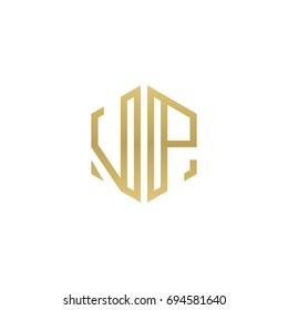 Initial letter VP, minimalist line art hexagon shape logo, gold color
