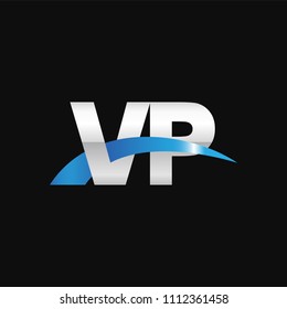 Initial letter VP, overlapping movement swoosh logo, metal silver blue color on black background