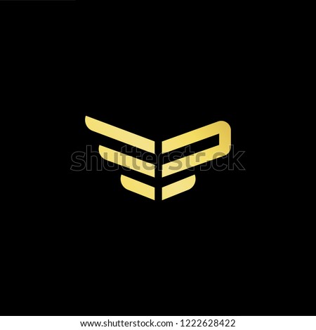 Initial letter VP PV EP PE minimalist art logo, gold color on black background.
