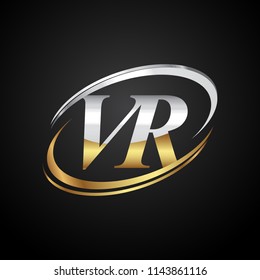 initial letter VR logotype company name colored gold and silver swoosh design. isolated on black background.