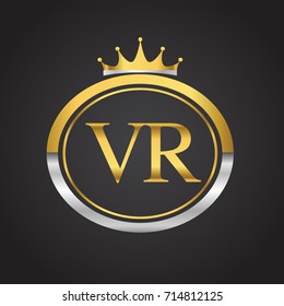 initial letter VR logotype company name with oval shape and crown, gold and silver color. vector logo for business and company identity.