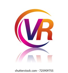 initial letter VR logotype company name orange and magenta color on circle and swoosh design. vector logo for business and company identity.