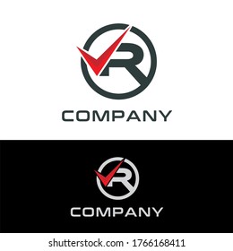 Initial letter VR or RV logo design with check mark icon in circle shape 