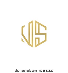 Initial letter VS, minimalist line art hexagon shape logo, gold color