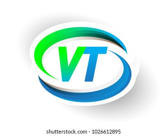 initial letter VT logotype company name coloured blue and green swoosh design, modern logo concept. vector logo for business and company identity.