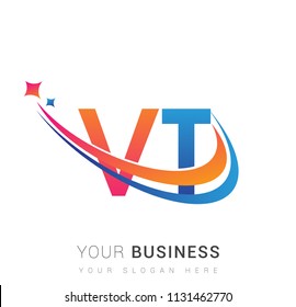 initial letter VT logotype company name colored orange, red and blue swoosh star design. vector logo for business and company identity.
