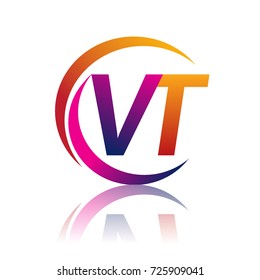 initial letter VT logotype company name orange and magenta color on circle and swoosh design. vector logo for business and company identity.