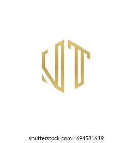 Initial letter VT, minimalist line art hexagon shape logo, gold color