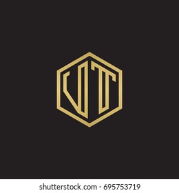 Initial letter VT, minimalist line art hexagon logo, gold color on black background