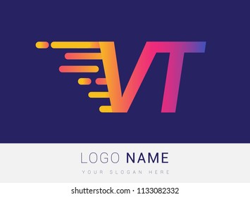 Initial Letter VT speed Logo Design template, logotype company name colored yellow, magenta and blue.for business and company identity.