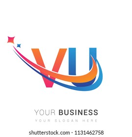 initial letter VU logotype company name colored orange, red and blue swoosh star design. vector logo for business and company identity.
