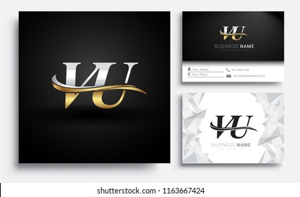 initial letter VU logotype company name colored gold and silver swoosh design. Vector sets for business identity on white background.