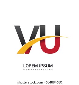 initial letter VU logotype company name colored red, black and yellow swoosh design. isolated on white background.
