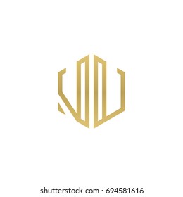 Initial letter VU, minimalist line art hexagon shape logo, gold color